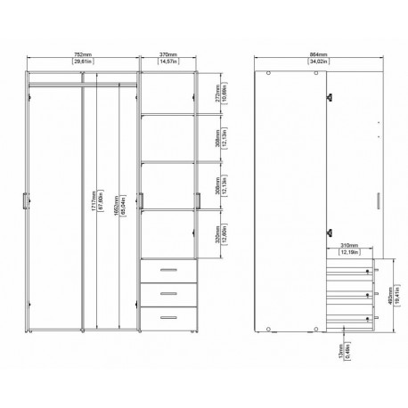 Bolmen garderobeskab 116 cm 3 låger - Hvid