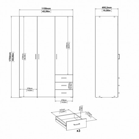 Bolmen garderobeskab 116 cm 3 låger - Hvid