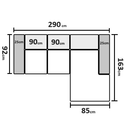 290 x 163cm Højrevendt med 2 sæder