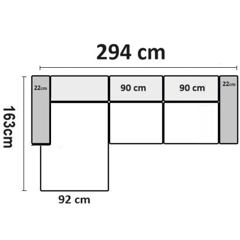 294 cm x 163 cm med 2 sæder Venstrevendt