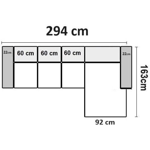 294 cm x 163 cm med 3 sæder Højrevendt