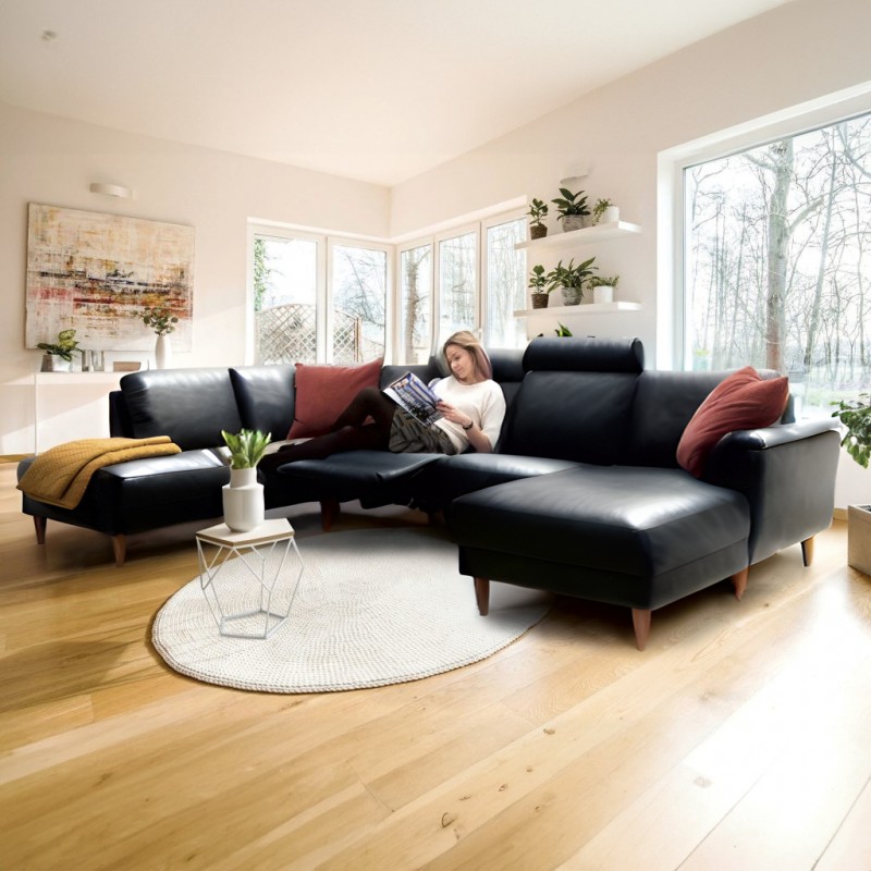 Ballerup Sort Læder Hjørnesofa med chaiselong - Højrevendt