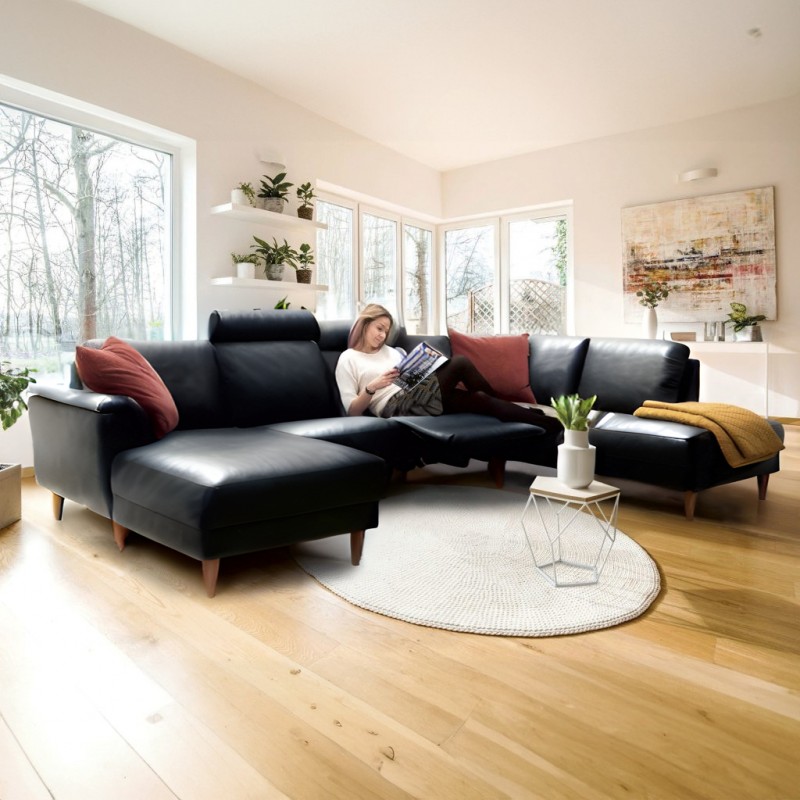 Ballerup Sort Læder Hjørnesofa med chaiselong - Venstrevendt