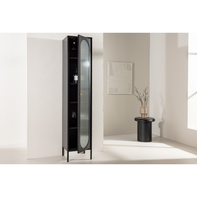 Cali Vitrineskab  37 x 180 cm  med 1 låge og 4 hylder - glas og sort stål