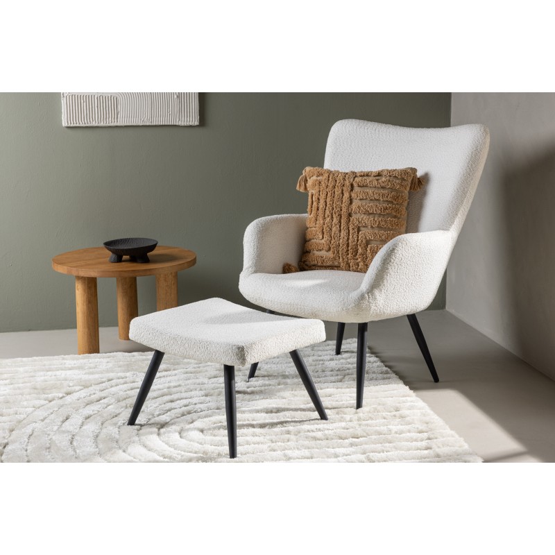 VENTURE DESIGN Como lænestol og fodskammel - hvid bouclé polyester og sort stål