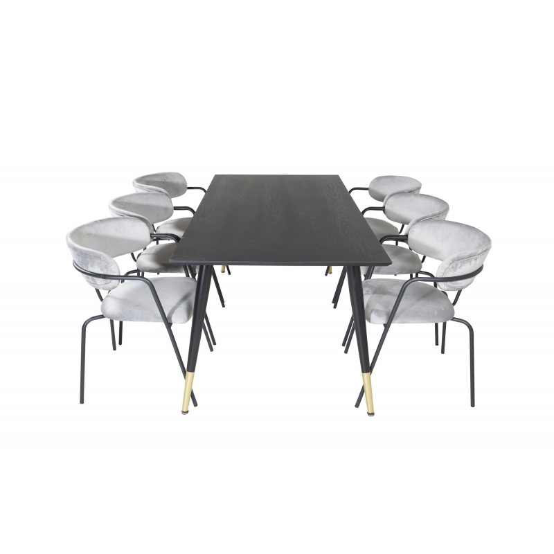 VENTURE DESIGN Dipp spisebordssæt, m. 6 stole - sort finer/messing sort metal, grå fløjl/sort metal