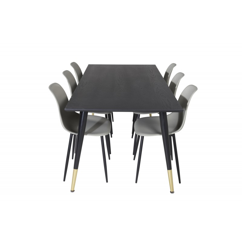 VENTURE DESIGN Dipp spisebordssæt, m. 6 stole - sort finer/messing/sort metal, grå plastik/sort jern