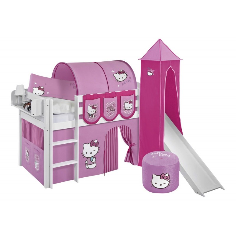 Bumle halvhøj seng m. rutsch, forhæng & tårn - Hello Kitty