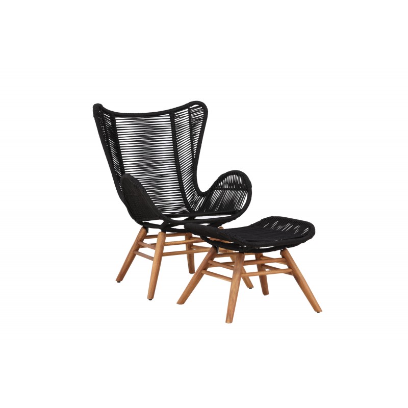 Tingeling loungestol med fodskammel i akacietræ og sort reb