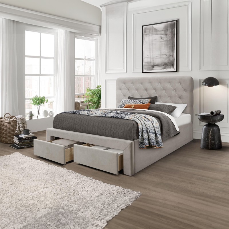 MARISOL 160x200 cm seng med skuffe til Opbevaring - Beige velour