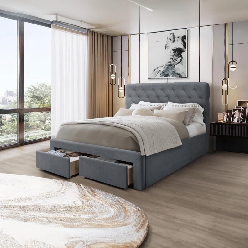 MARISOL 160x200 cm seng med skuffe til Opbevaring - Grå Velour