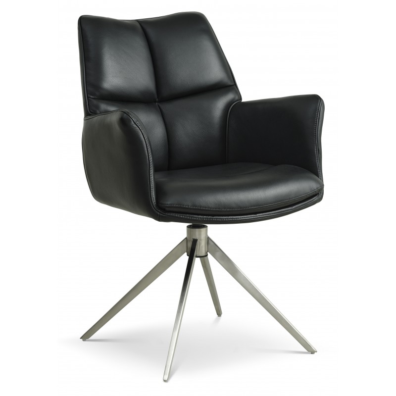 Lily Spisestuestol med Drejefunktion- med armlæn - Krom stel - Sort læder