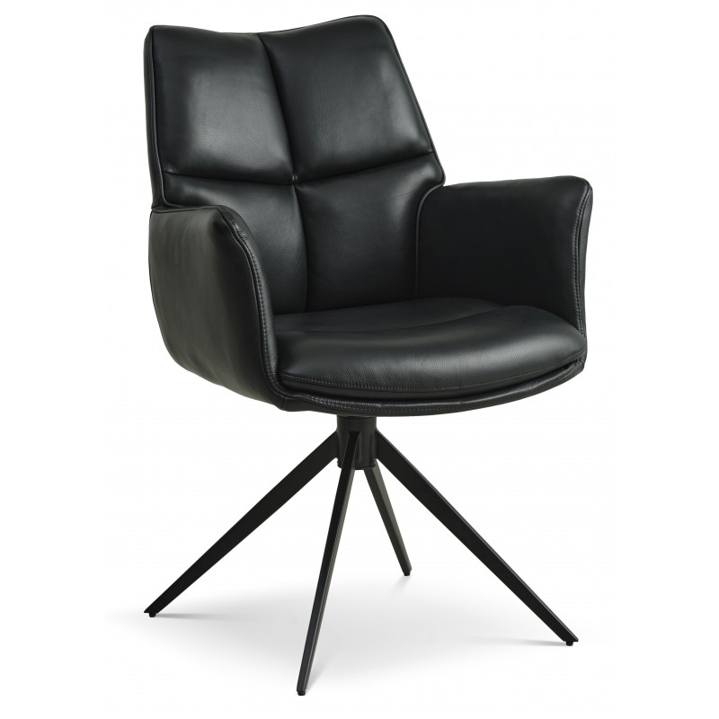 Lily Spisestuestol med Drejefunktion med armlæn - Sort stel - Sort læder