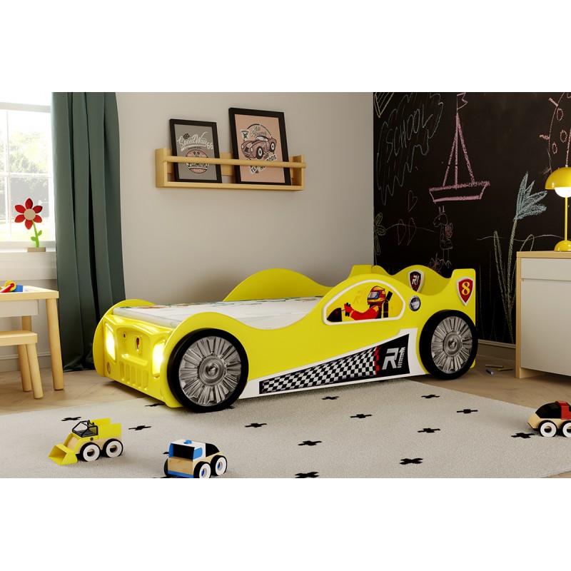 Monza Racer Gul børneseng med Madras - 90 x 190 cm