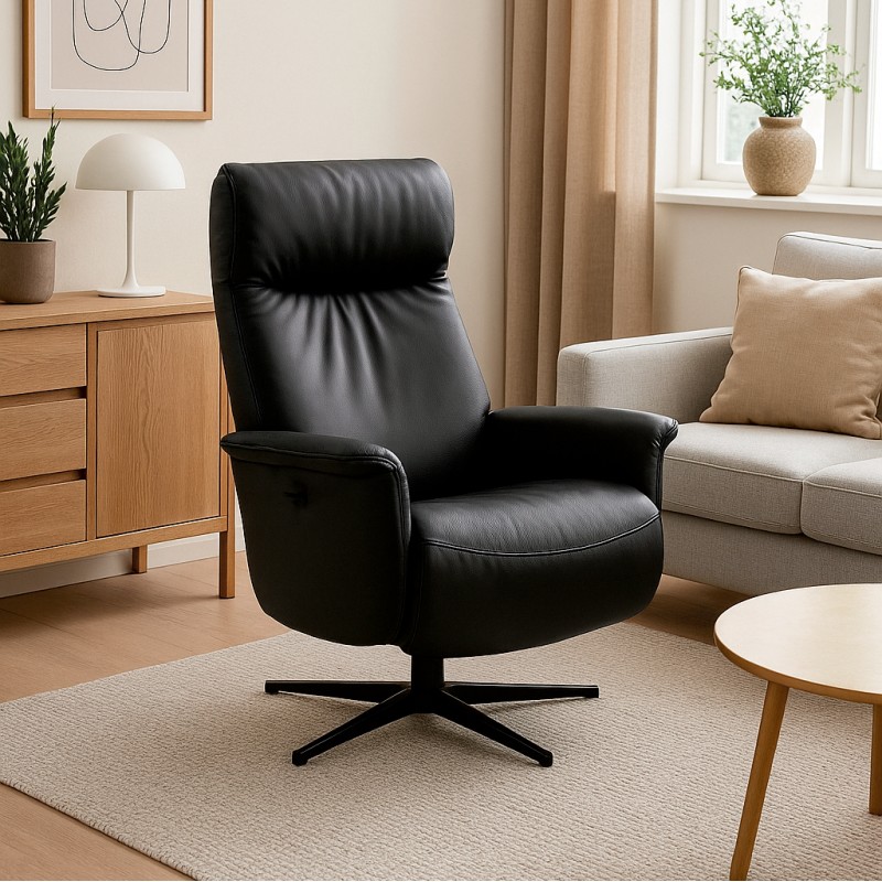 Tristan lænestol m. indbygget skammel og manuel justering - Sort læder