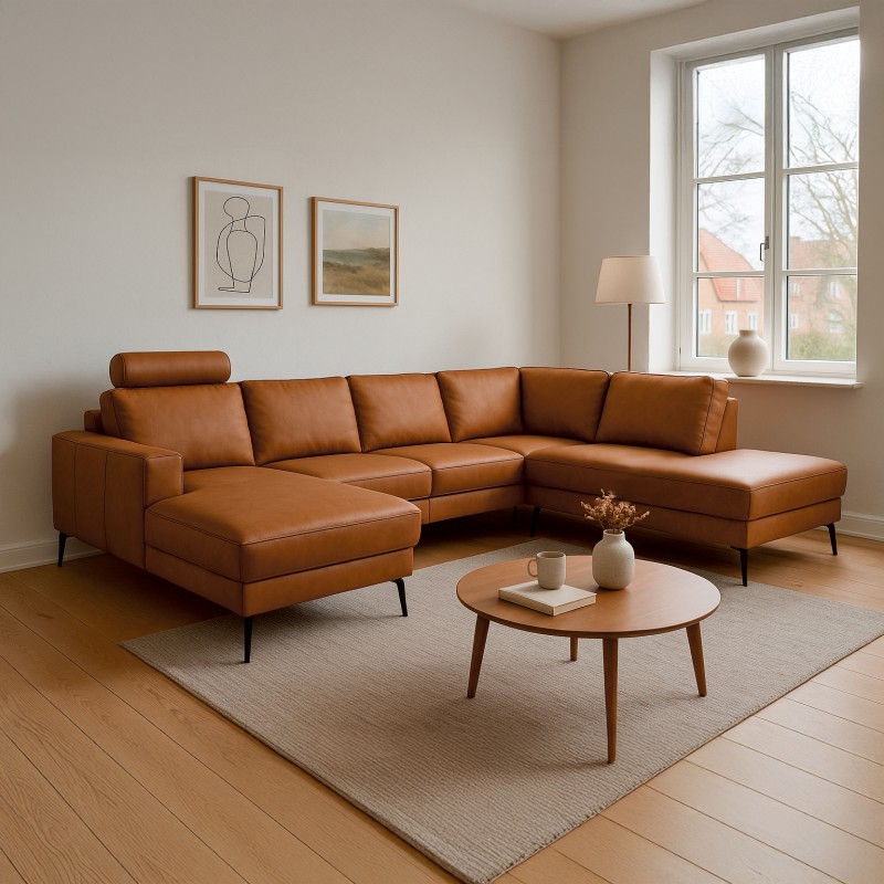 Esbjerg Læderhjørnesofa med chaiselong Cognac - Venstrevendt