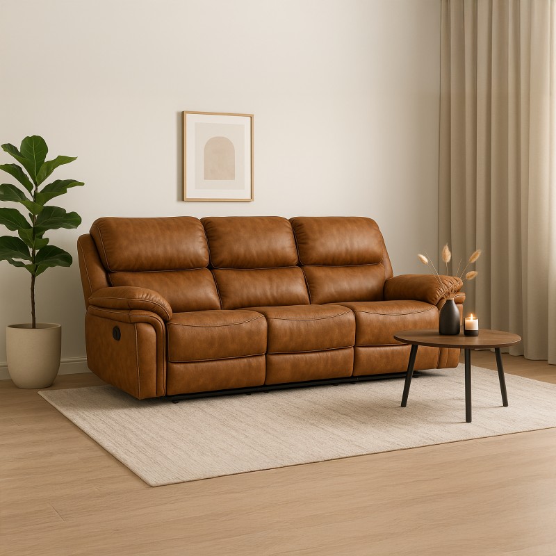 Christopher 3 pers Recliner Sofa  - Cognac Ruskindsblød mikrofiber