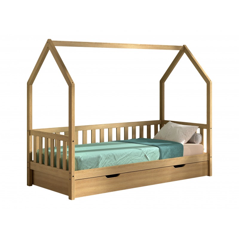 Seng til børn i eg – Nature hus­seng med skuffe (90×200 cm)