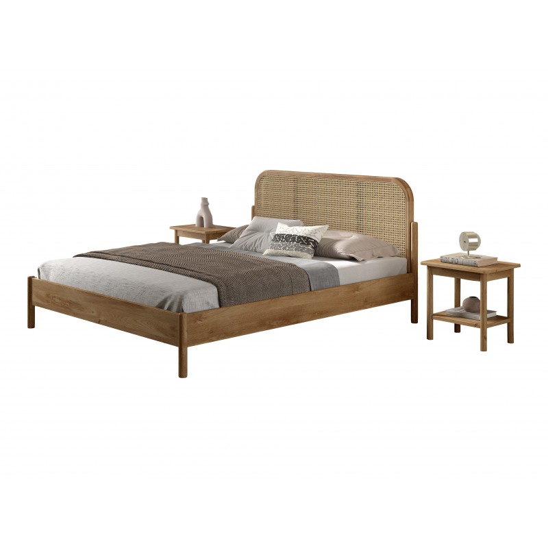 Dobbeltseng i eg med rattan gavl – Olive 160 x 200 cm + 2 natborde