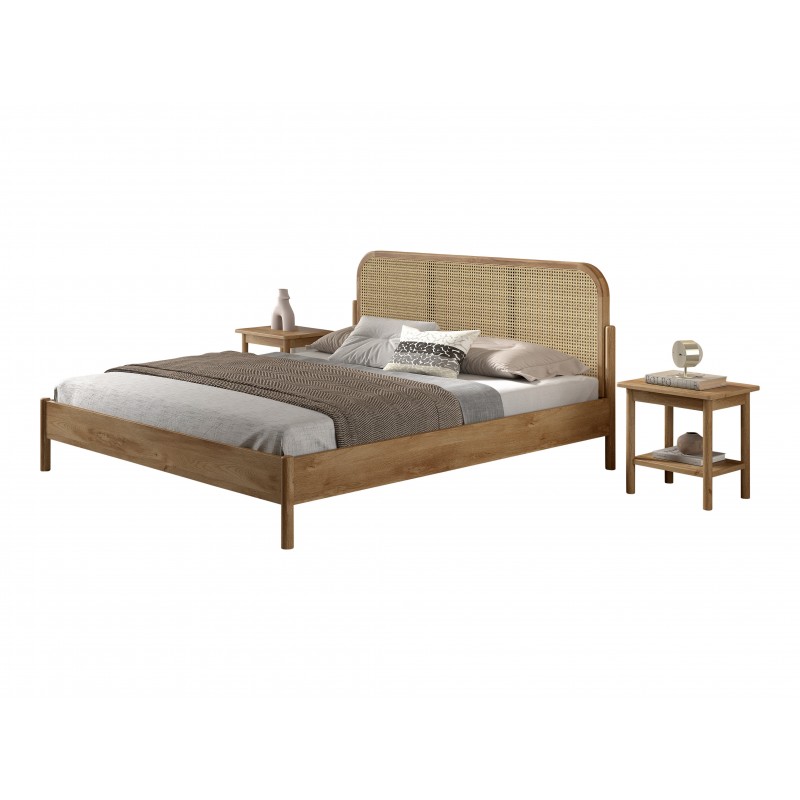 Dobbeltseng i eg med rattan – Olive 180 x 200 cm inkl. 2 natborde