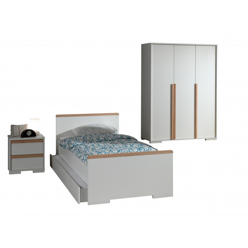 Børneværelse sæt London – seng 90×200 med skuffe, natbord og 3-dørs garderobeskab – hvid