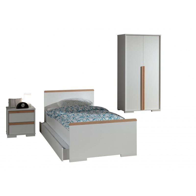 Børneværelses sæt London – seng 90x200 med skuffe, natbord og 2-dørs garderobeskab – hvid