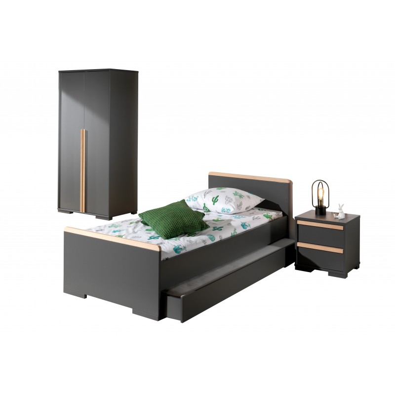 Børneværelse sæt London – seng 90×200 med skuffe, natbord og 2-dørs garderobeskab – antracit