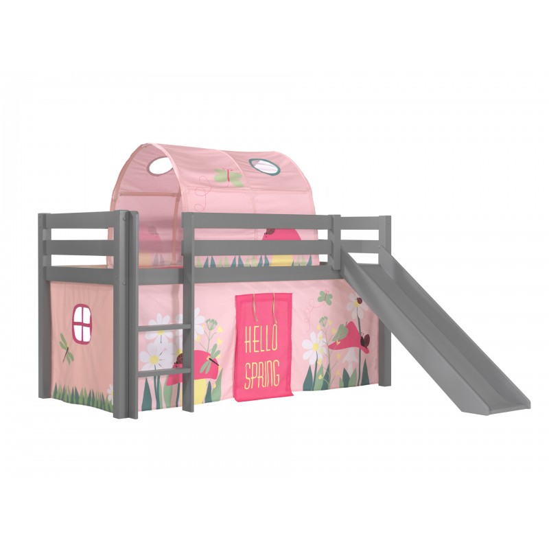 Halvhøj seng med rutsjebane – Pino, grå, forhæng og tunnel Spring