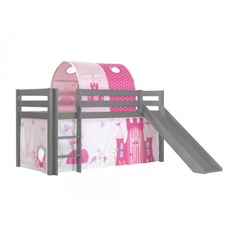 Halvhøj seng med rutsjebane Pino – grå med Prinsesse gardin og tunnel
