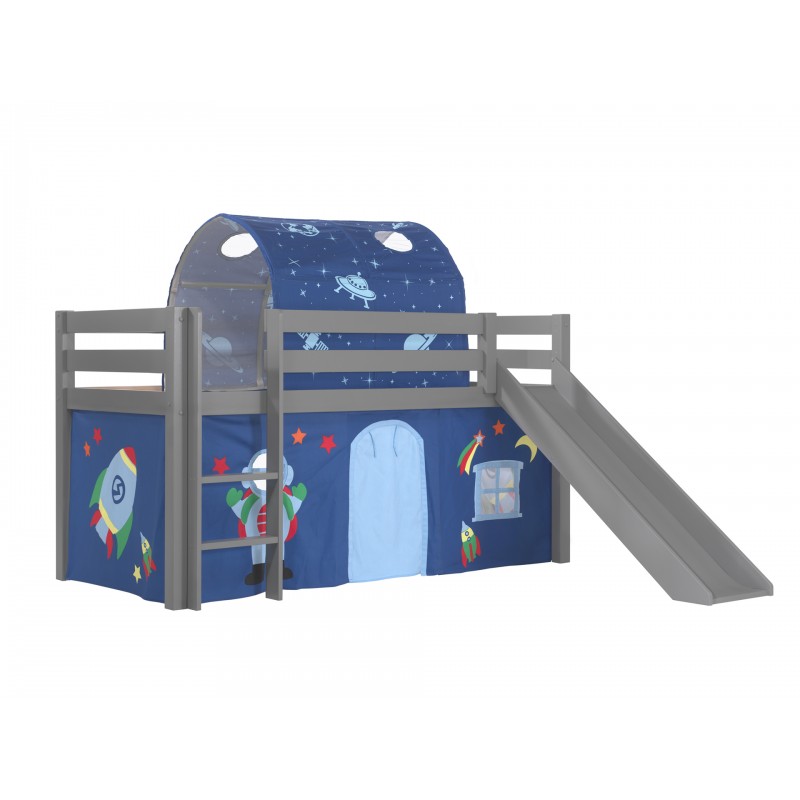 Halvhøj seng med rutsjebane – Pino, grå, Astro gardin og tunnel