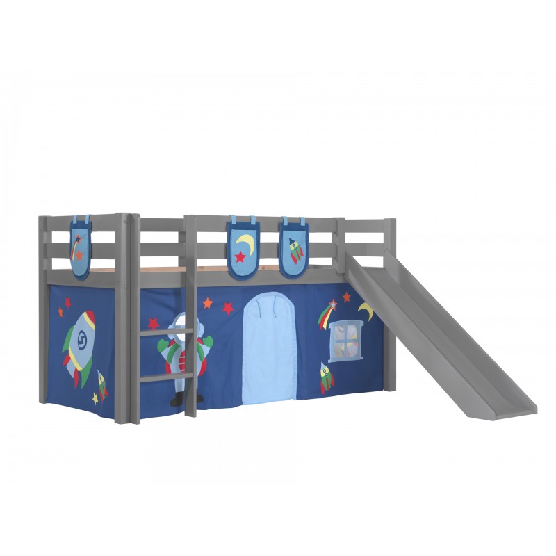 Halvhøj seng med rutsjebane – Pino, grå, Astro forhæng og lommer