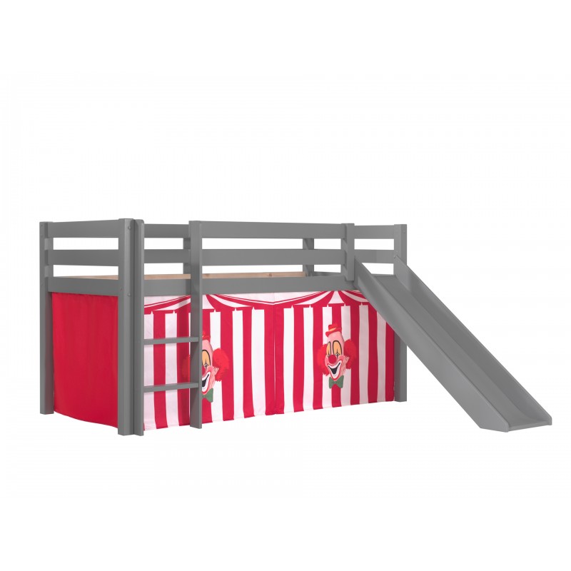 Halvhøj seng med rutsjebane – Pino, grå, inkl. forhæng Chucky