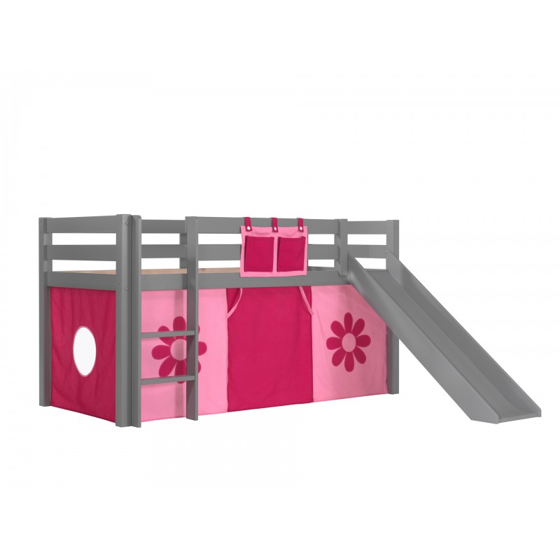 Halvhøj seng med rutsjebane – Pino, grå med pink Flower forhæng