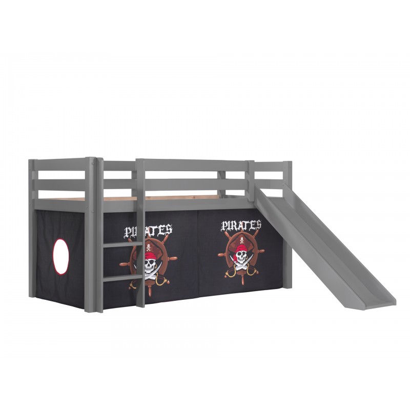 Halvhøj seng med rutsjebane – Pino, grå, piratforhæng