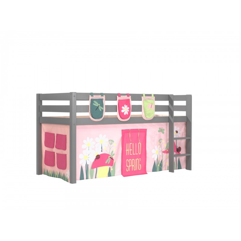 Halvhøj seng til børn – Pino, grå med forhæng og lommer