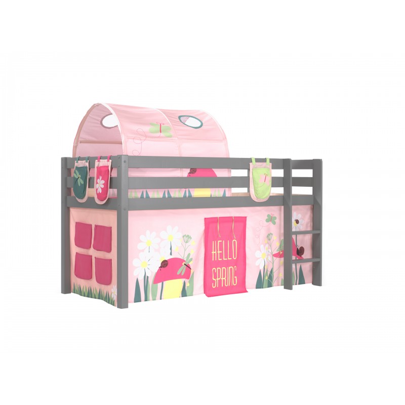 Halvhøj seng til børn PINO – grå med Spring gardin, tunnel og lommer