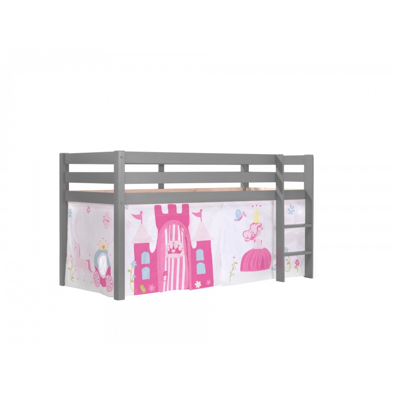 Halvhøj seng til børn Pino – grå med prinsesse-forhæng