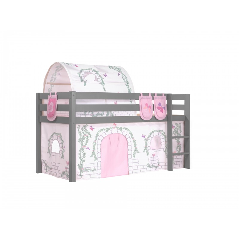 Halvhøj seng med forhæng og tunnel – Pino, grå