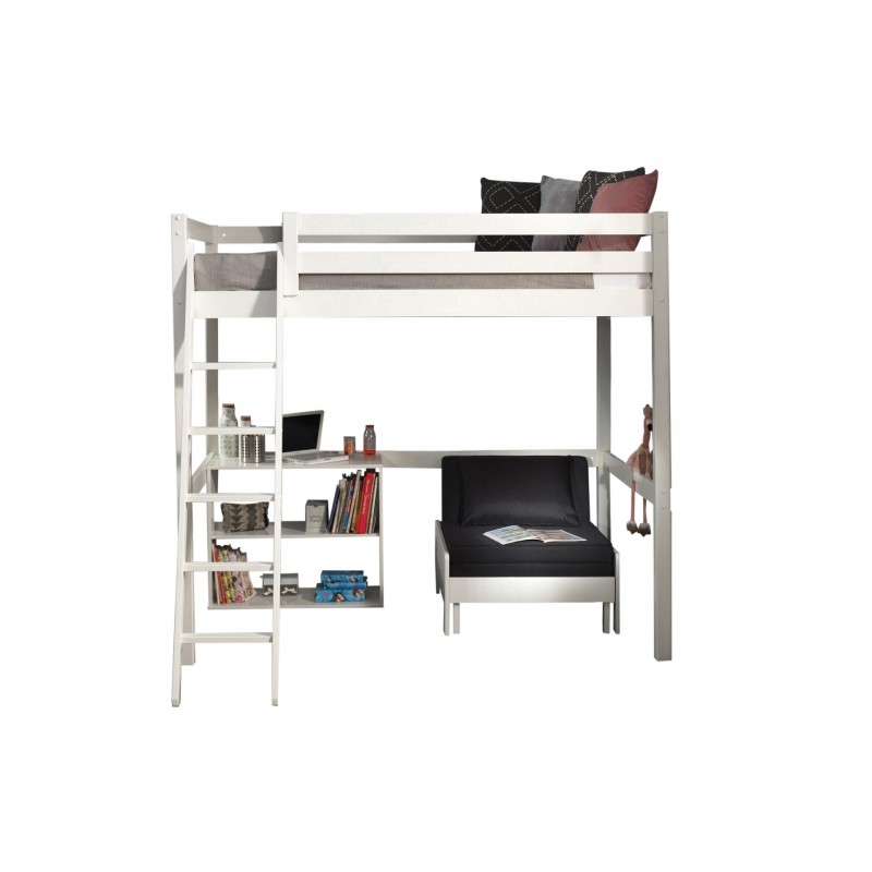 Højbedseng med reol og sovesofa 140 x 200 cm – Pino, hvid