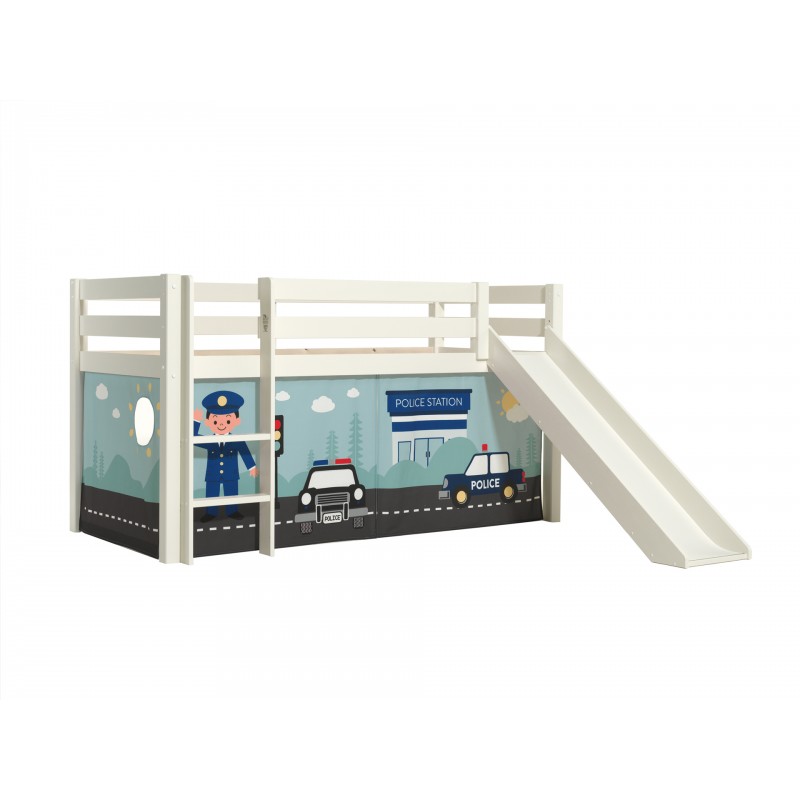 Halvhøj seng med rutsjebane – Pino, hvid, med politigardin