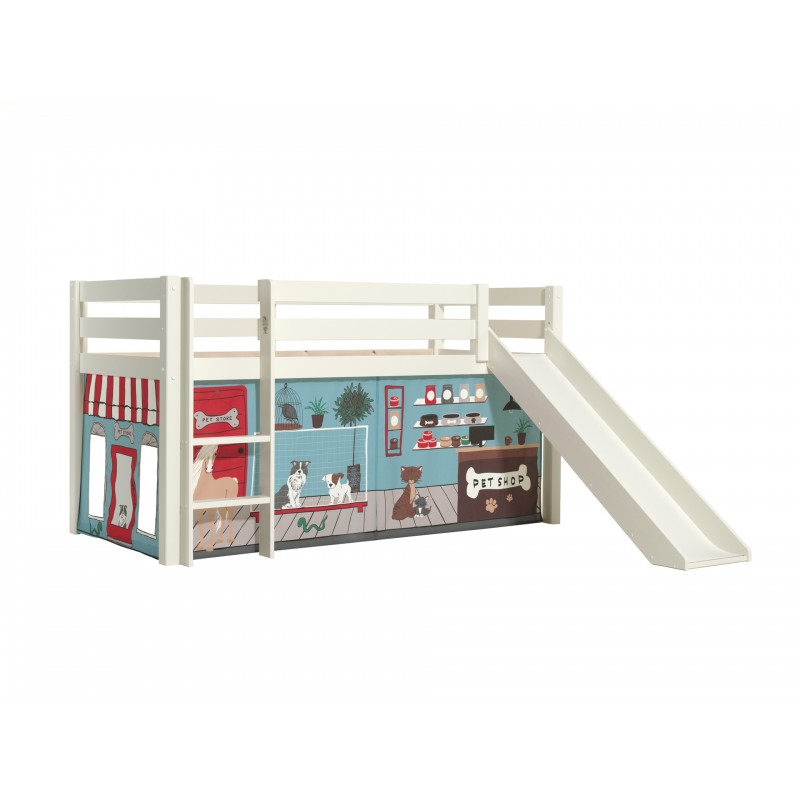 Halvhøj seng med rutsjebane – Pino, hvid, Pet Shop forhæng