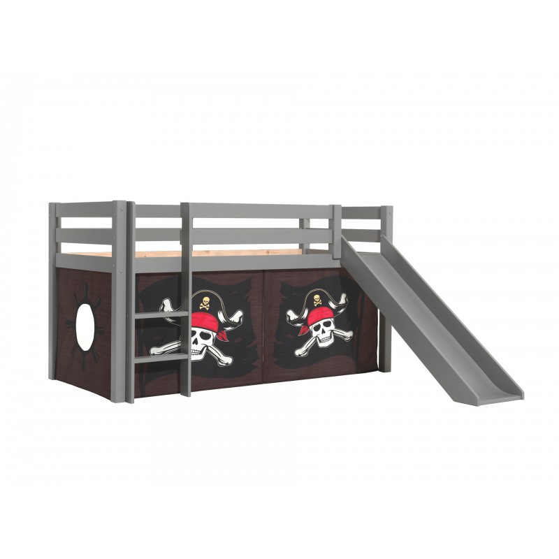 Halvhøj seng med rutsjebane – Pino, grå, Caribian Pirates forhæng