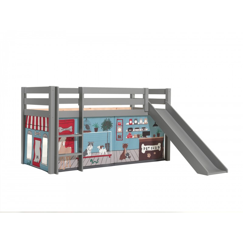 Halvhøj seng med rutsjebane – Pino, grå, med PET SHOP forhæng