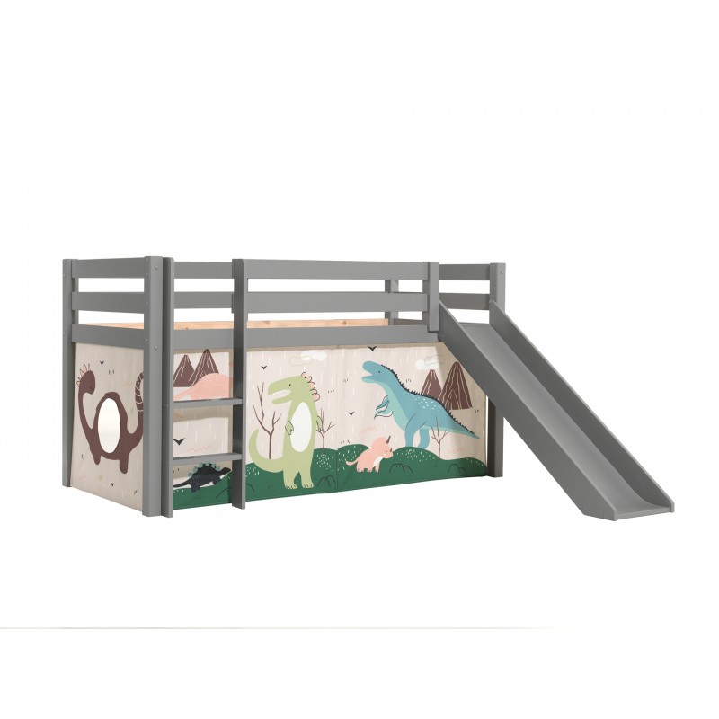 Halvhøj seng med rutsjebane – Pino, grå, med Dino forhæng