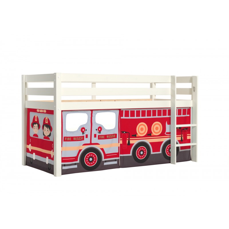 Halvhøj børneseng med forhæng brandbil – Pino, hvid