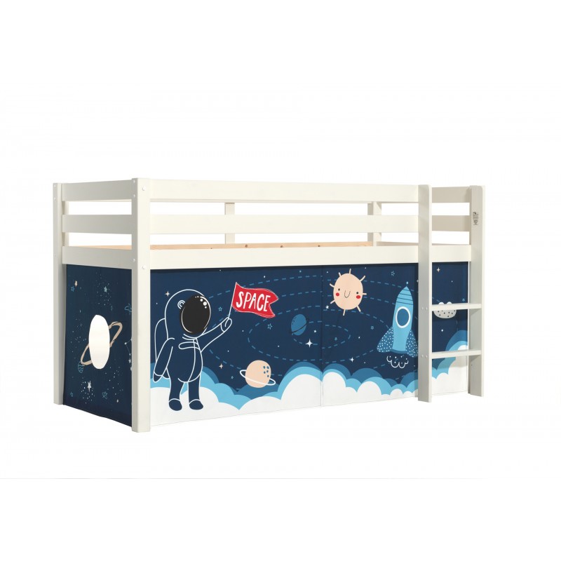 Halvhøj seng til børn – Pino, hvid med Space forhæng