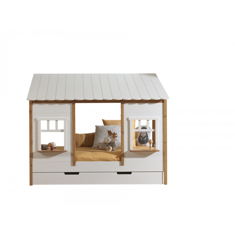 Børneseng hus med skuffe 90×200 cm – Hvid (HOUSEBED)