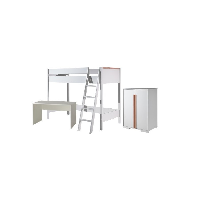 Høj juniorseng med skrivebord og garderobeskab – London sæt 90 × 200 cm, hvid