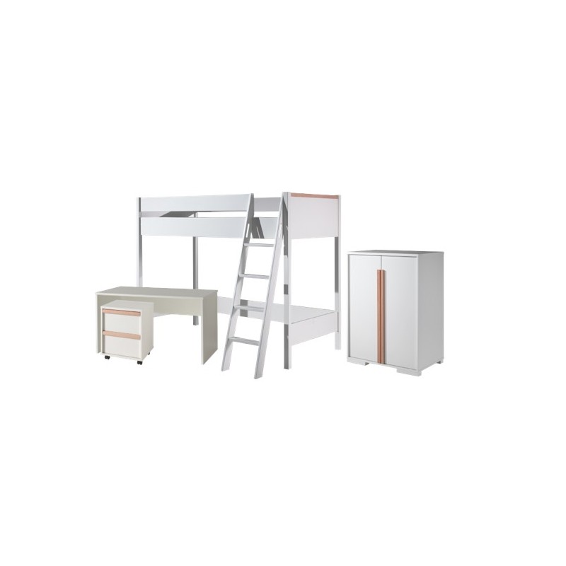 Halvhøj seng med skrivebord og skab 90 x 200 – London, hvid