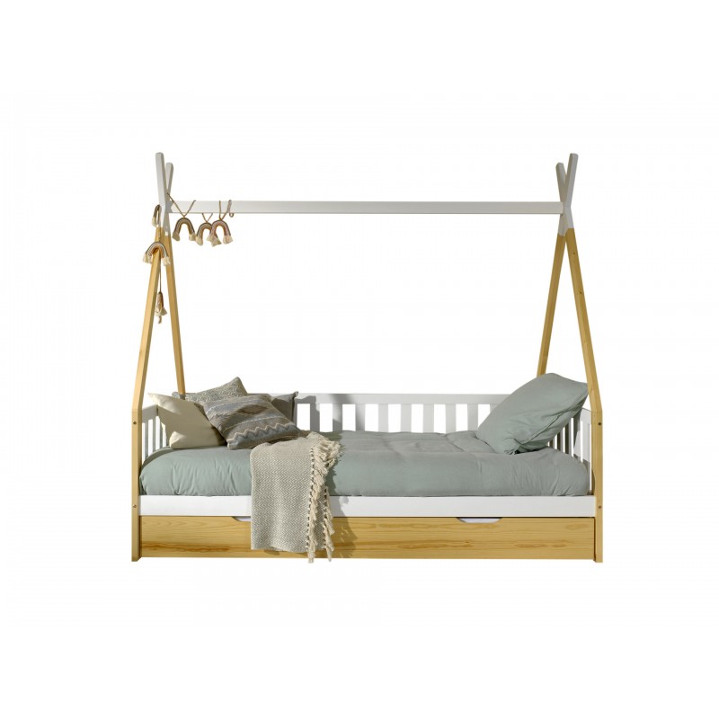 Børneseng tipi med skuffe 90×200 cm – natur/hvid